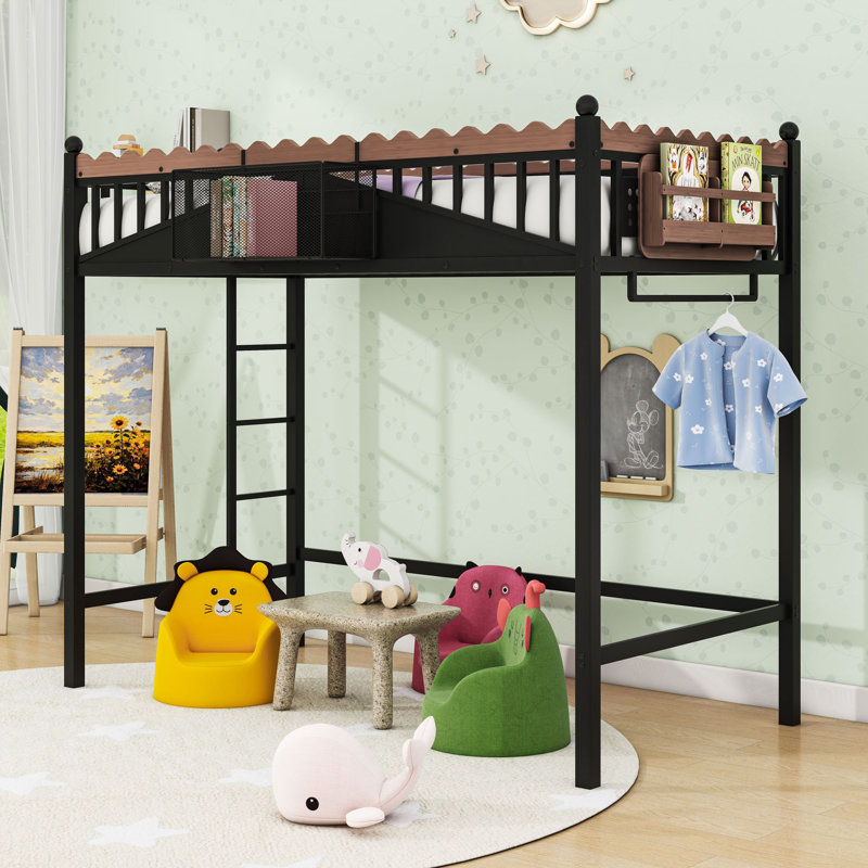 Space-Saving Metal Loft Bed with Built-In Storage Shelves, Extra Long Twin