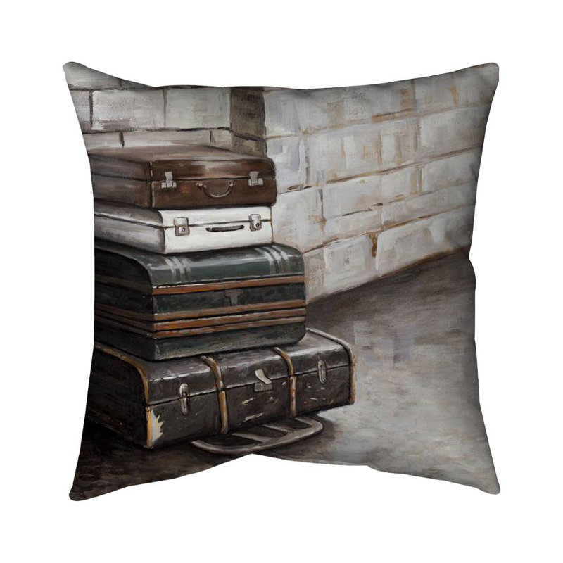 Four old traveling suitcases - 16"x16" Throw pillow cover - Poly twill - Print on demand, 16" H x 16" W