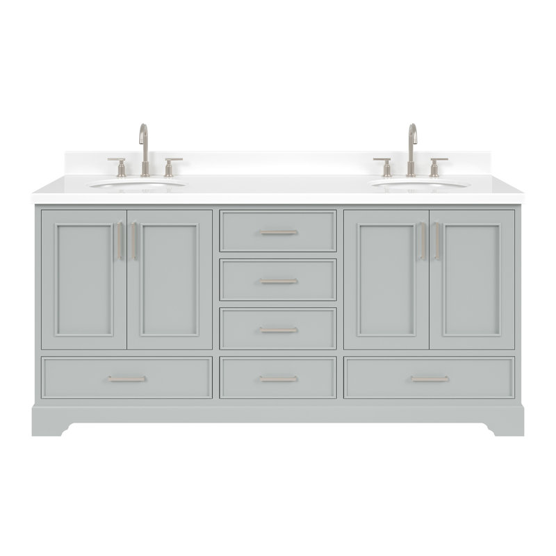 73'' Double Bathroom Vanity with White Quartz Top, Gray