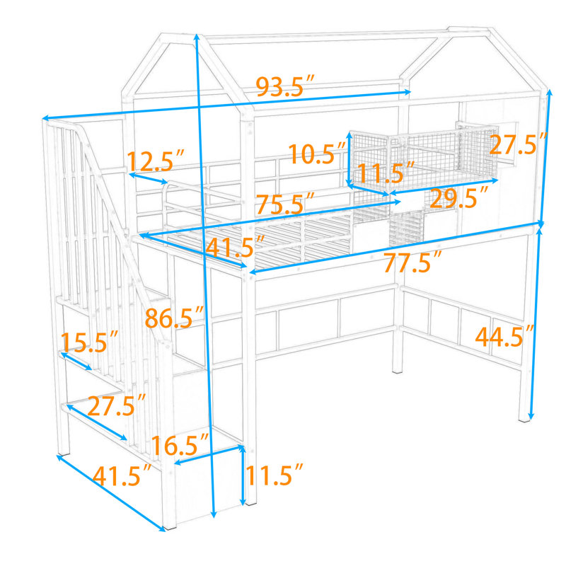 Twin Size Metal Loft Bed With Roof Design And Staircases, Pink