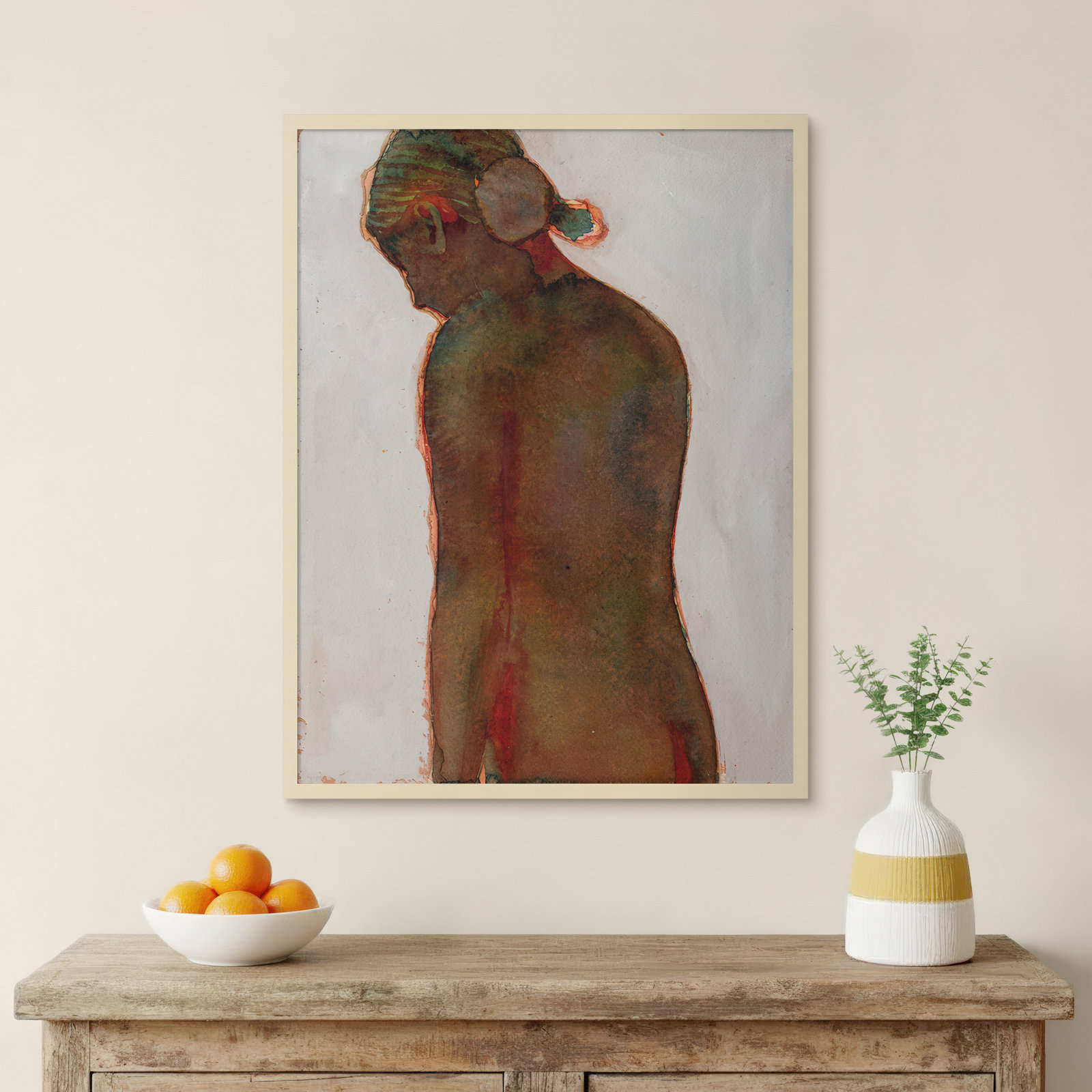 Figure by Dean Graham, 41" H x 32" W, Brown Framed