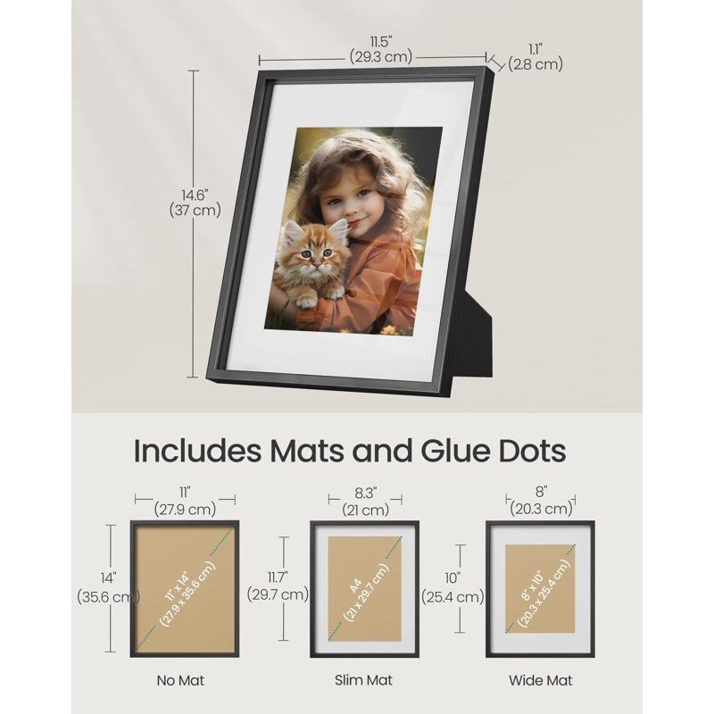 11X14 Picture Frames Set Of 3, Multi Photo Frame Set For Wall Gallery Decor With White Mats, Glass Front, Hanging Or Tabletop Display, Black