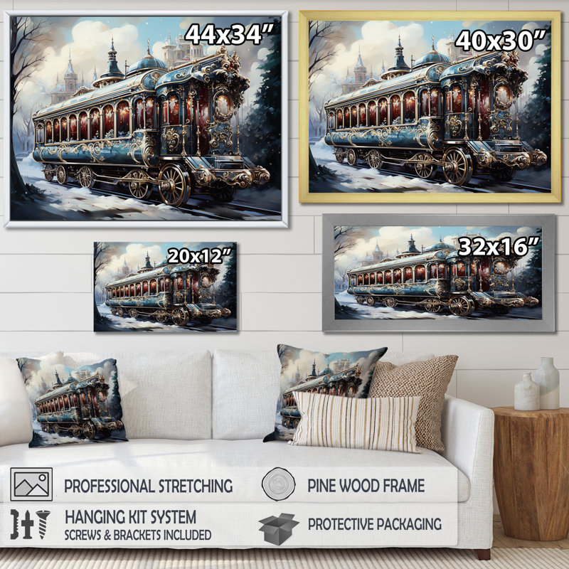Voyage en train de Noël I - train, art mural, Toile tendue, H 24 po x l 32 po x P 1 po
