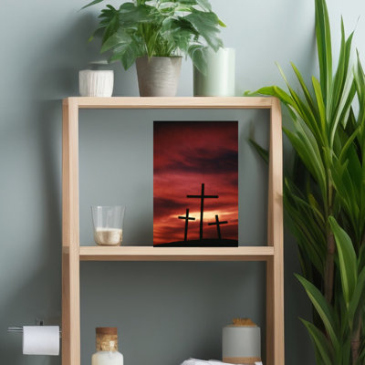 «1960s symbolical Three Crosses of Calvary Silhouetted Against Red Sky Classic Retro Vintage Landscape Nature Art mural