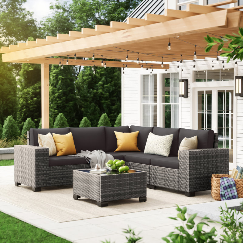 5 - Person Wicker Outdoor Modular Sectional Seating Group with Cushions, Black Cushion/Gray Frame, 6 Pcs: Table, 5 Chairs