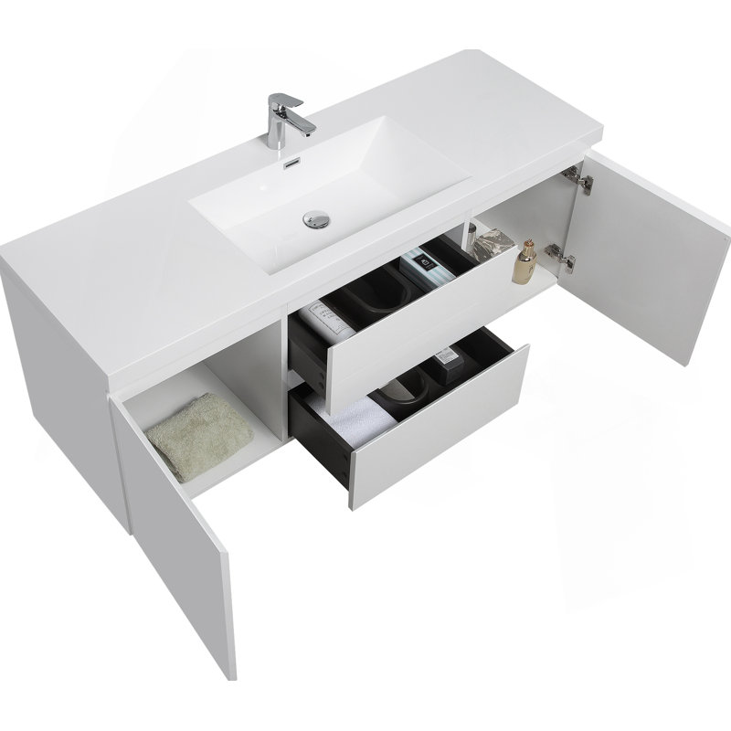 Meuble-lavabo flottant avec lavabo, armoire de rangement murale pour salle de bain moderne, avec tiroirs à fermeture en douceur et surface solide