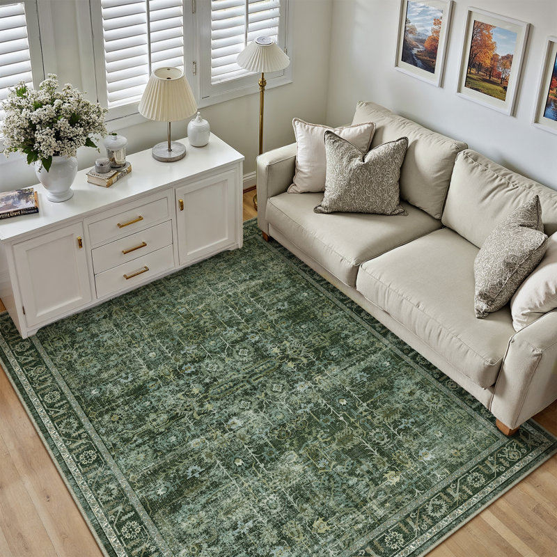 Vintage Classic Oriental Area Rug in Green, Rectangle 3'4" x 5', Green