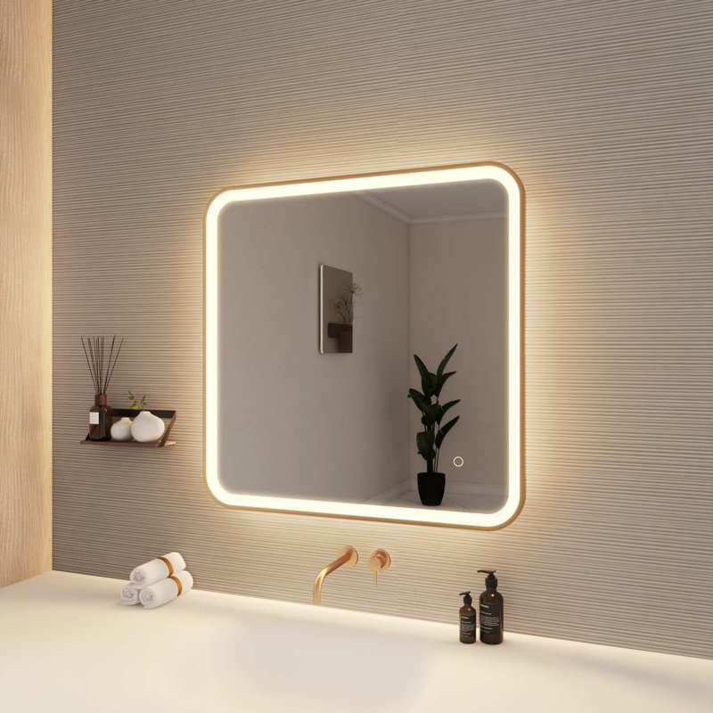 30 Inch Rectangle LED Front and Backlit Wall Mirror in Satin Gold, Satin Gold, 30" x 30"
