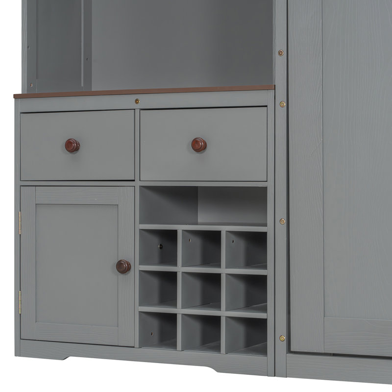 Grand lit escamotable avec armoire de rangement, support à vin, porte-verre, tiroirs et bande DEL multicolore, gris, Gris