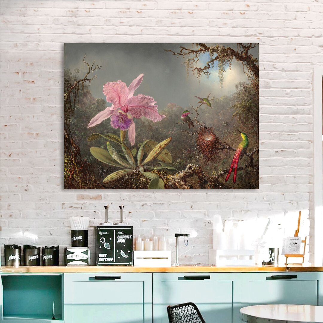 Leinwandbild Cattleya Orchid und Three Hummingbirds von Martin Johnson Heade