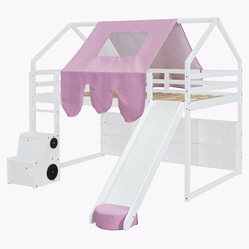 Lit de rangement en bois, Double, Blanc / rose