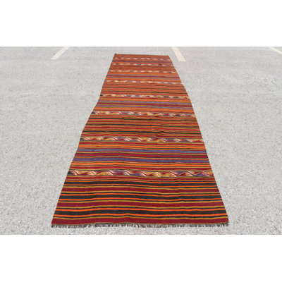 Handwoven Vintage Turkish Kilim Runner Rug with Stripes and Colorful Bohemian Decor for Hallways in Tribal Wool Carpet Design