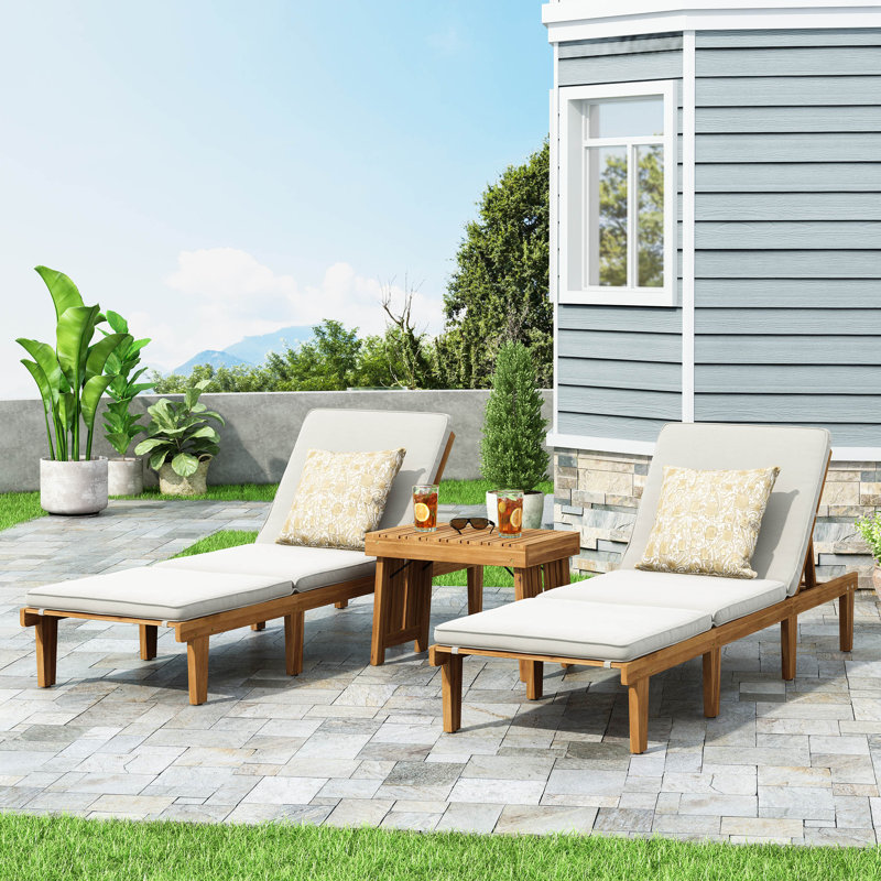Reclining Chaise Lounge with Cushion and Table, Cream, Teak