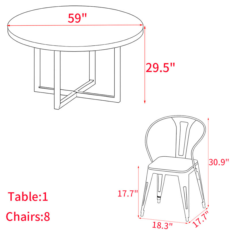 Ensemble de table ronde en bois massif de style américain, H 29,5 po x L 59 po x l 59 po
