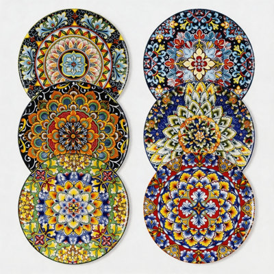 Bohemian Style 8.5 Inch Ceramic Plates Set of 6, Multi-purpose Kitchen Tableware