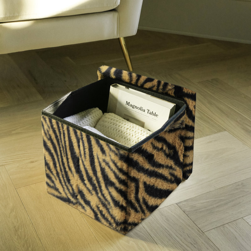 Go-Poufs Knock-Down Small Cube Faux Fur Storage Ottoman |12"x12"x12", Tiger