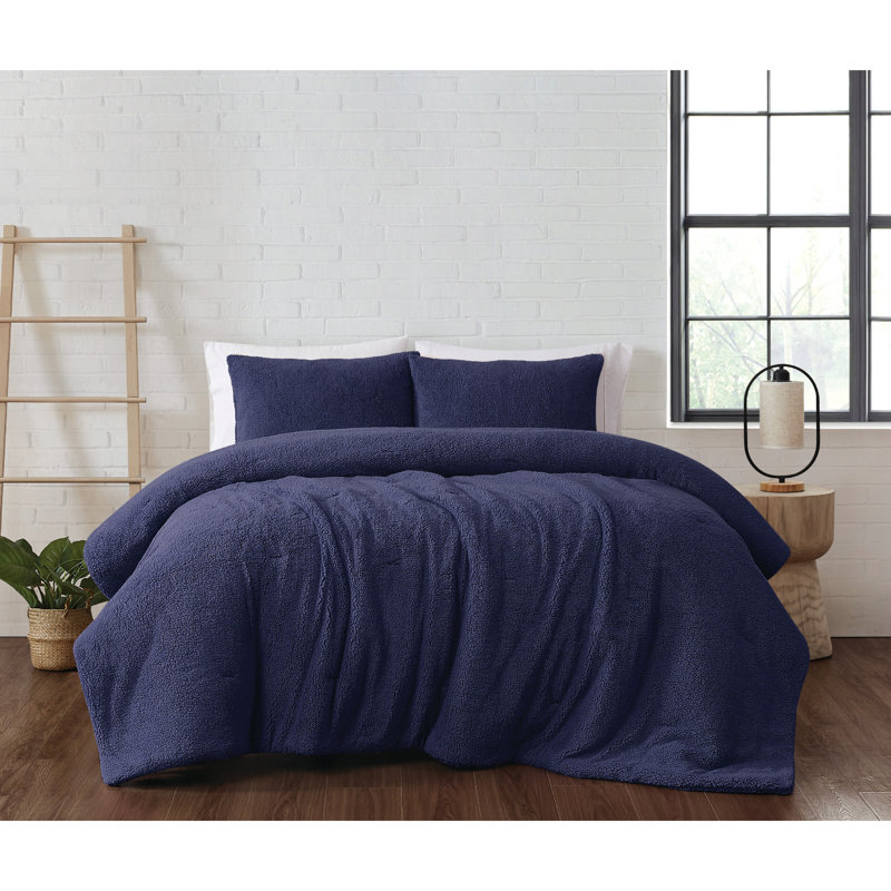 Brooklyn Loom Marshmallow Sherpa Comforter Set, Twin XL Comforter + 1 Standard Sham, Navy 