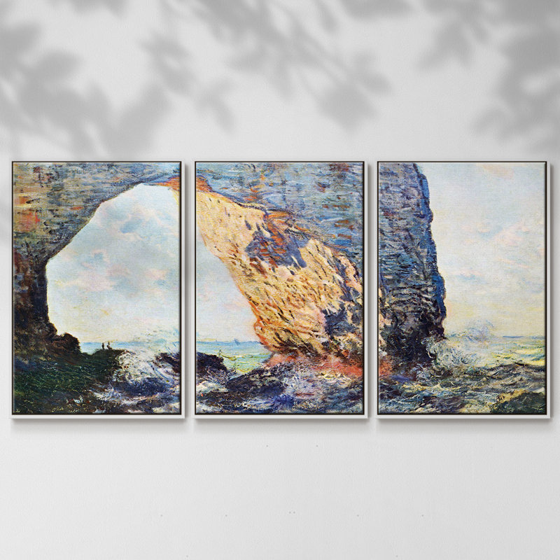 Les falaises rocheuses d'Étretat (La Porte Man), reproduction sur toile 3 pièces, Cadre blanc
