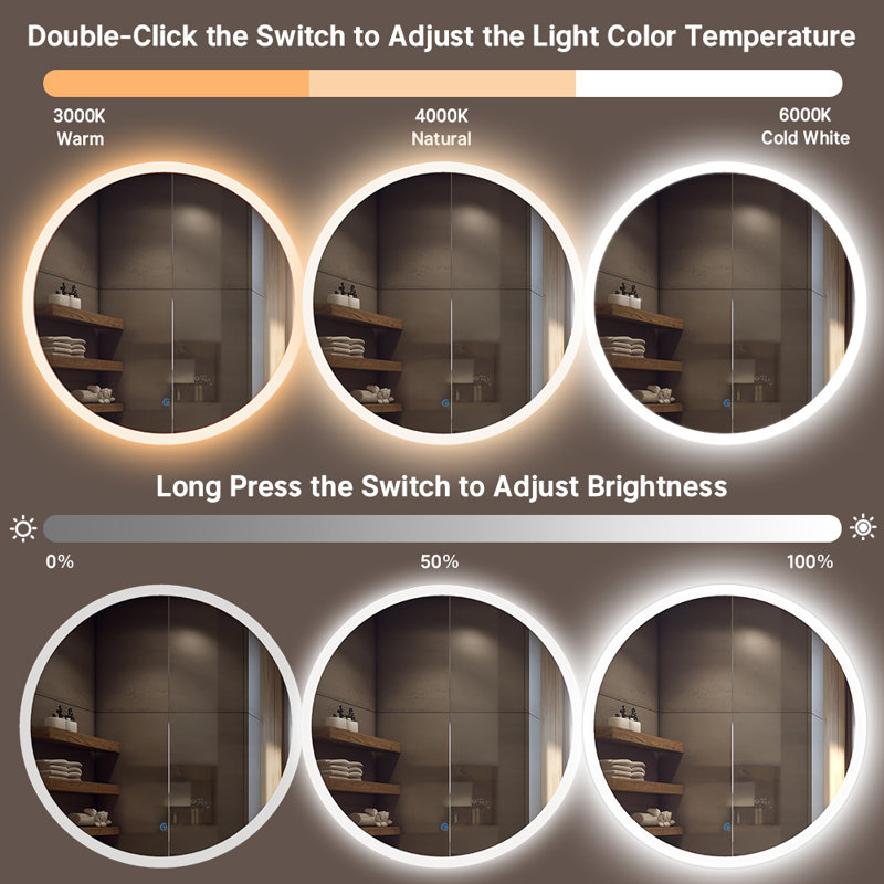 Liese Large Modern LED Round Bathroom Vanity Mirror, Color Temperature Adjustable, 36" x 36"
