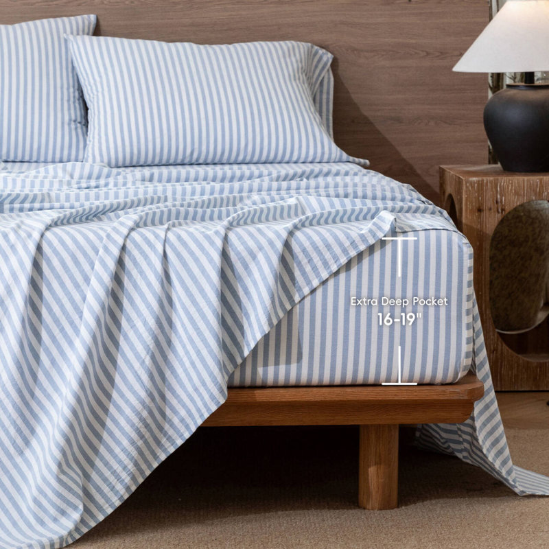 Drap-housse MooMee 100% coton lavé extra profond, Grand lit, Rayures classiques - bleuet et blanc