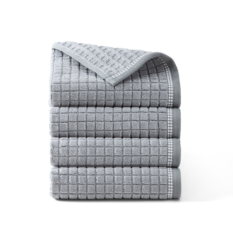 TOWN & COUNTRY EVERYDAY 4-Piece Textured Windowpane Hand Towel Set, 20x30-Inch, 100% Cotton, Gray