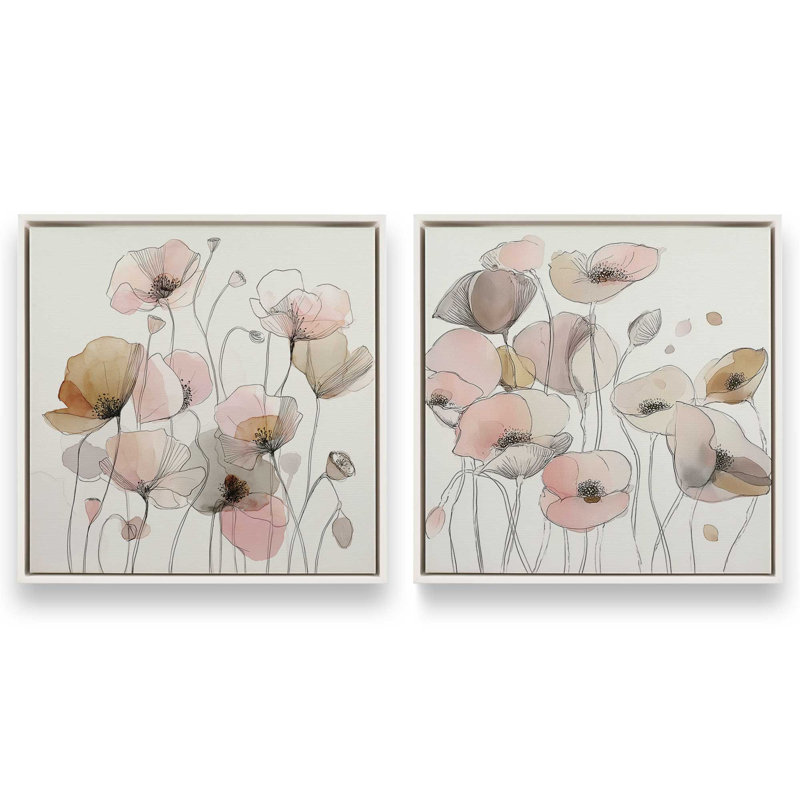 Blush Meadow Blooms, ensemble de 2 impressions, 12 po x 12 po, Cadre flottant blanc opaque