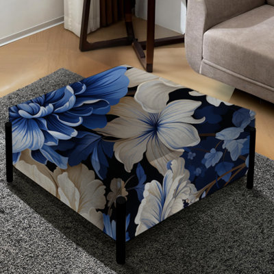 Grand repose-pieds carré bleu à motif floral victorien I