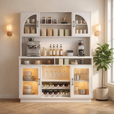 71" Kitchen Pantry Cabinet, Tall Hutch Storage Cabinet, Farmhouse Coffee Bar Cabinet with LED Lights & Charging Station, Microwave Stand with Wine Rack and Adjustable Shelves, White