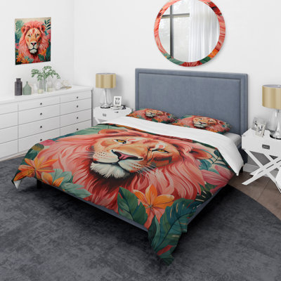 Ensemble de housse de couette lion rose et vert en forêt I - lion
