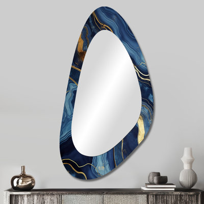 Blue And Gold Abstract Marble Mirage I - Abstract Marble Asymmetrical Modern Large Wall Mirror