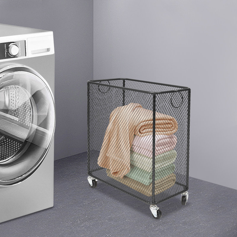 Metal Mesh Laundry Storage Cart, Laundry Basket With Wheels, Black