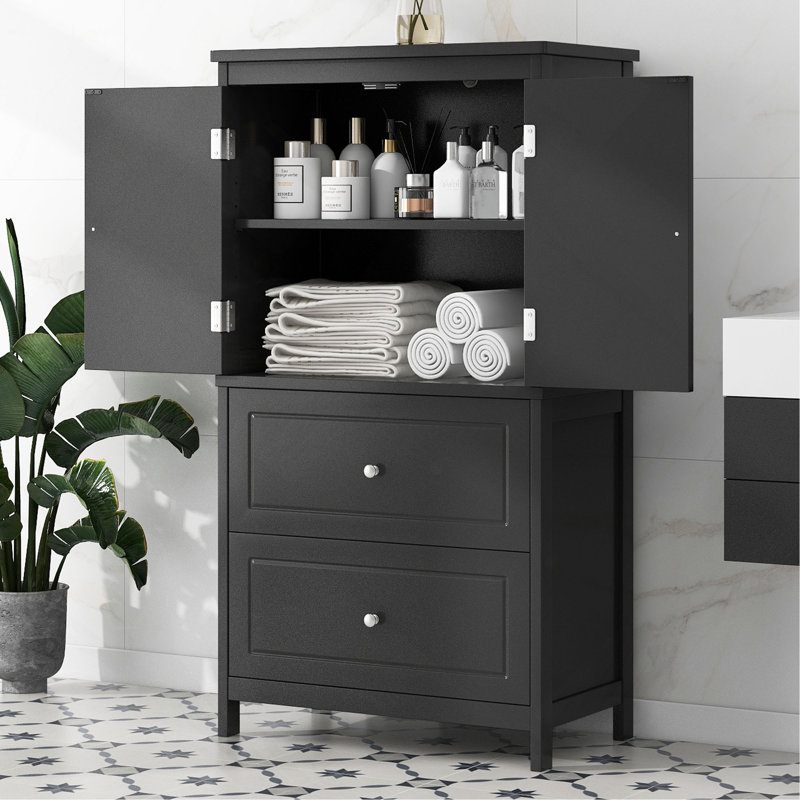 Bathroom Storage Cabinet, Cabinet With Two Doors And Drawers, Adjustable Shelf, MDF Board, Black