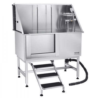 50 Inch Dog Grooming Bath Tub Stainless Steel w Stairs Water Filter Left