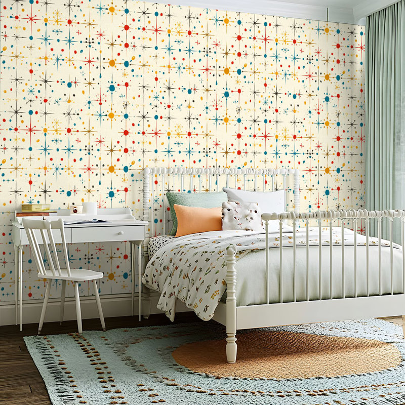 Peel and Stick PVC Wallpaper, Removable Self-Adhesive Wall Covering With Retro Mid Century Modern Atomic Starburst Colorful Circles Print, Waterproof for Home Decor - Roll