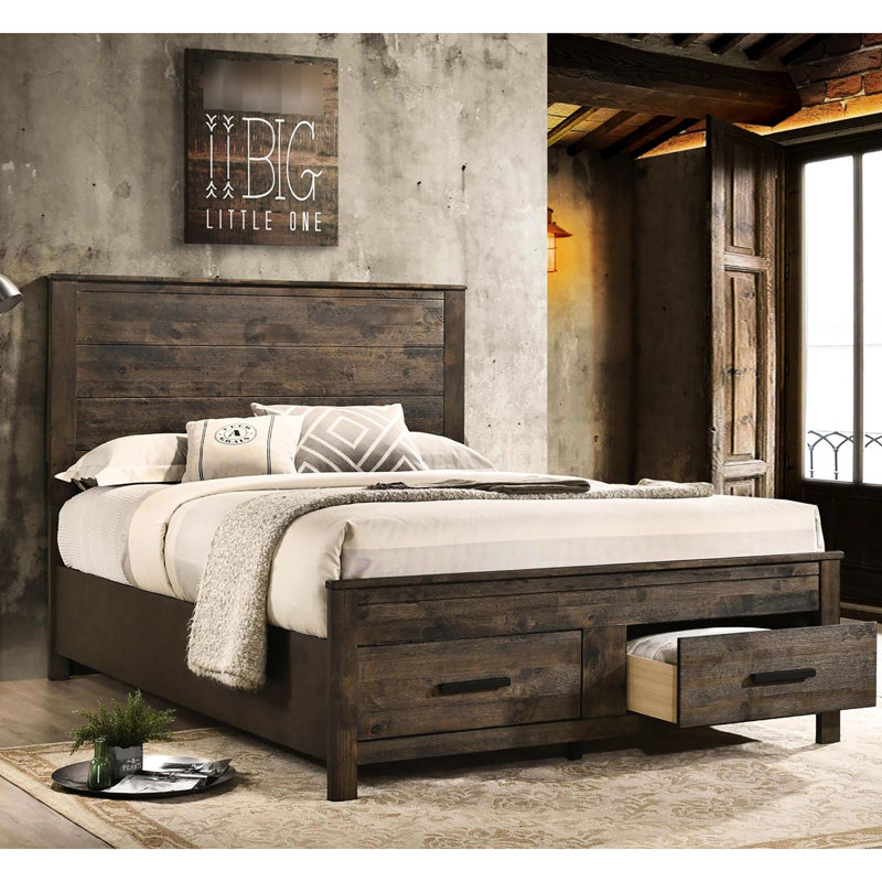 Grand lit rustique avec tiroirs et tête de lit fonctionnelle en bois brun