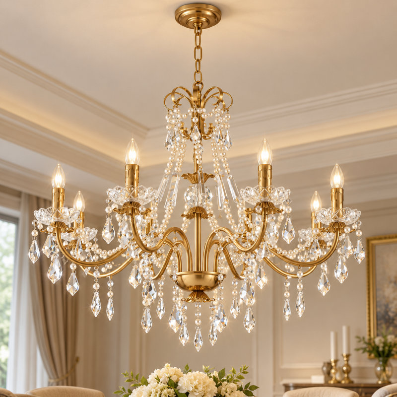 Lustre à bougie rétro 8 lumières à intensité variable avec accents en cristal Jonetta