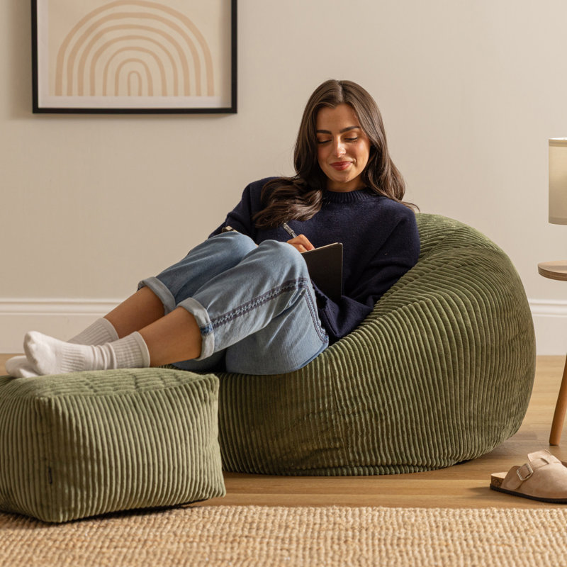 Kingston Cordurouy Bean Bag and Square Footstool, Sage Green