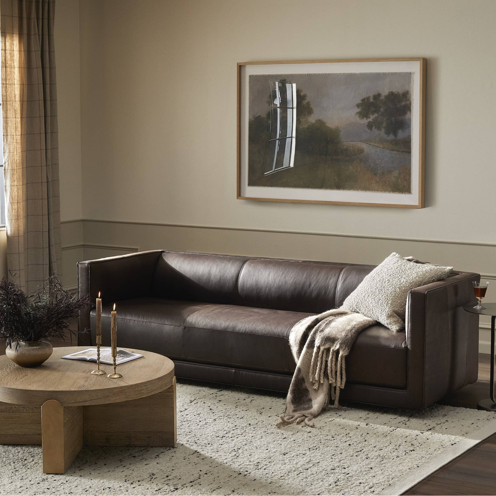 Gigi 95" Upholstered Sofa, Heirloom Cigar Top Grain Leather