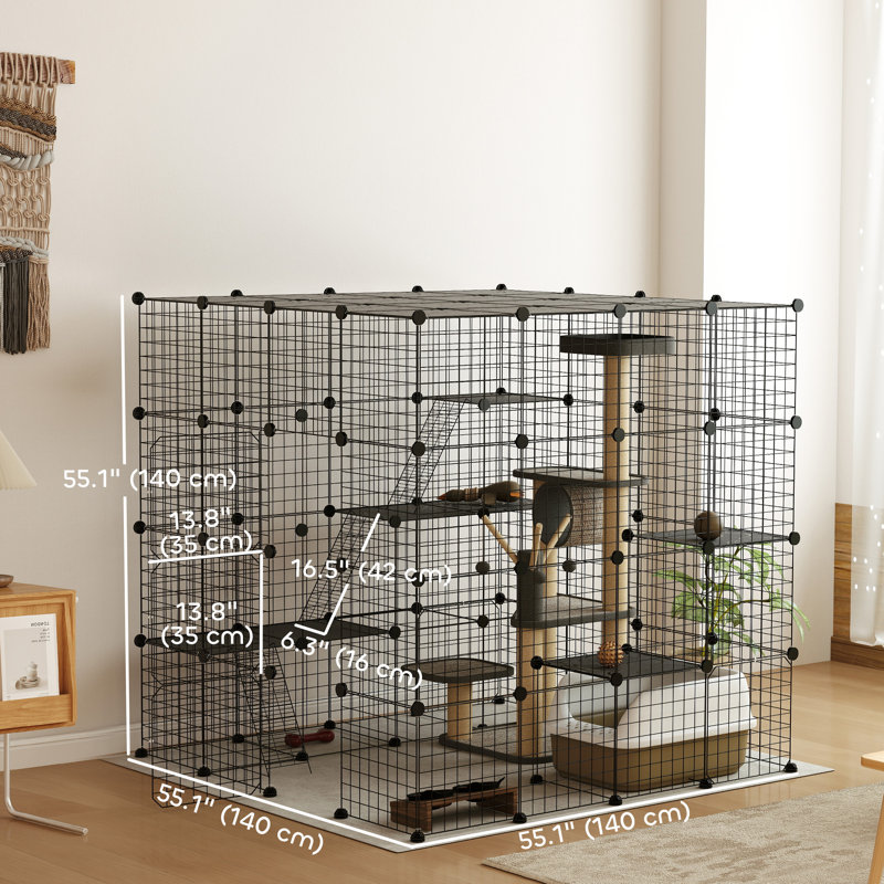 Grande cage à chat à 4 niveaux, parc pour chat 55 po avec plateformes, rampes, accessoires, aire d'exercice pour chaton en métal amovible, noir