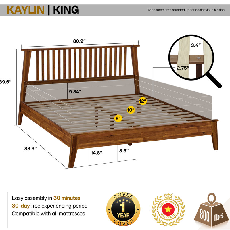 Premium Solid Wood Platform Bed Frame with Headboard – 800 lb Capacity, No Box Spring Needed, Fits All Mattresses, King