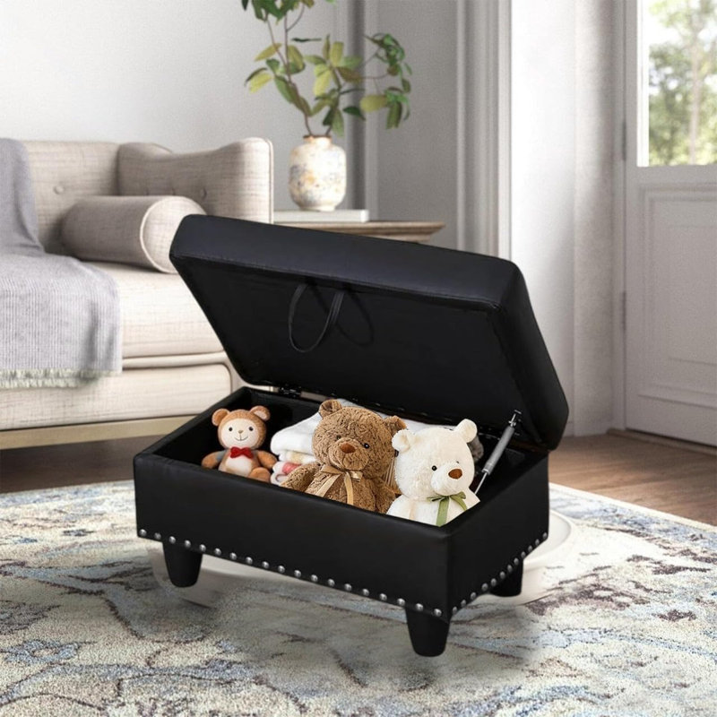Pouf de rangement en similicuir avec garniture cloutée, repose-pieds/tabouret de rangement dissimulé, 72,4 x 49,5 x 44,5 cm, noir.