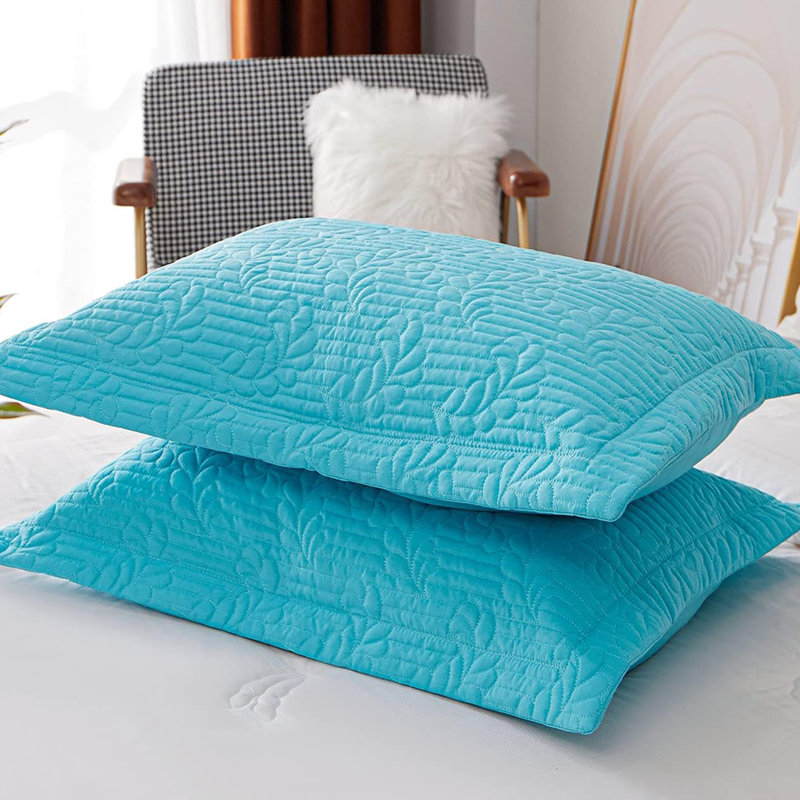 Quilted Floral Bed Pillow Shams, Blue/Leave, 20" x 36"