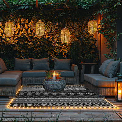 Outdoor Patio Rug with LED Lights - 8x10 Outdoor Rug - Plastic Straw Patio Mat Outdoor Waterproof Carpet - RV or Porch Decor by Pure Garden (Gray)