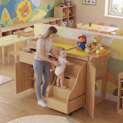Modern Changing Table Dresser with Drawers and Adjustable Shelves, Multi-function Diaper Changer with Door-Hidden Stairs, Waterproof Pad, Safety Strap