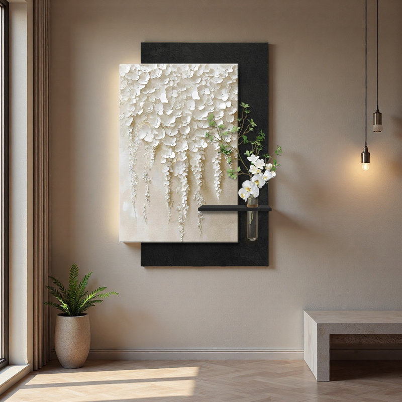 Art mural floral minimaliste en grès minimaliste avec lumières à DEL - culture de l'eau, H 70,87 po x l 47,24 po x P 1,38 po