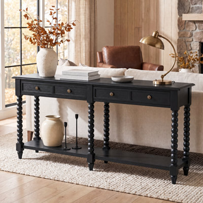 Console traditionnelle 60 po avec 2 tiroirs de rangement et tablette inférieure, table d'entrée avec pieds tournés en bois d'hévéa massif (assemblage minimal requis)