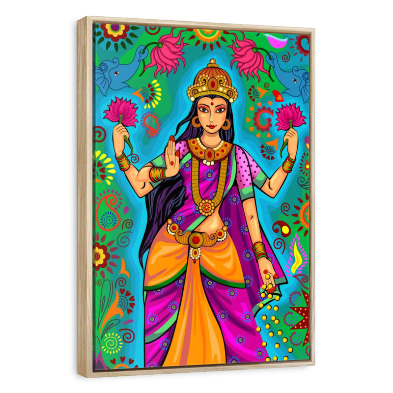 Déesse indienne Lakshmi, Cadre flottant en bois naturel, 31" x 46"