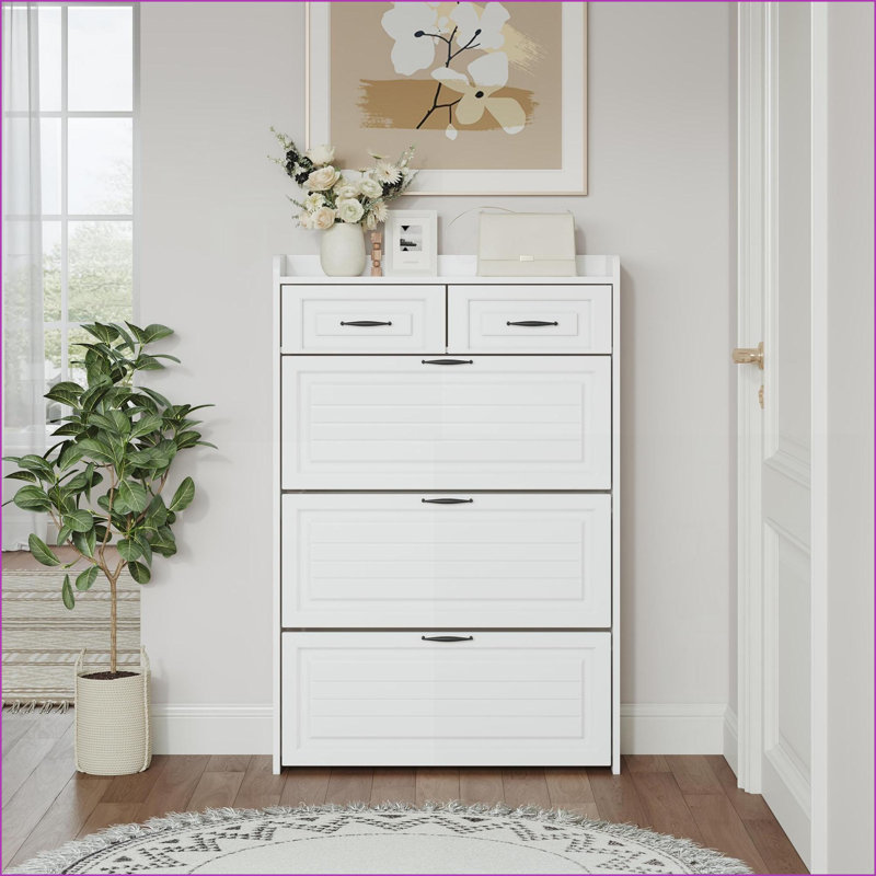 Shoe Cabinets with 3 Drop-Down Doors &amp; 2 Drawers, Large Storage | Off-White | Particle Board+MDF, White