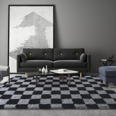 Tapis à carreaux noir et gris avec un envers antidérapant ultra-doux, adapté aux salons, aux chambres et aux chambres de bébé.