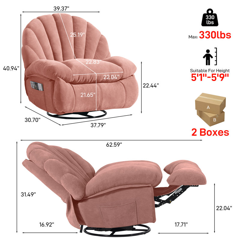 Wide Modern Style Accent Swivel And Rocker Recliner Chair, Pink, Manual